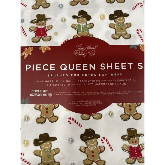 COWBOY GINGERBREAD COOKIE MAN Christmas SHEETS Snowy Holiday Queen Sheet Set NEW - Picture 3 of 4